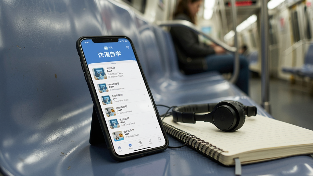 法语自学APP离线学习场景图,画面中一部手机放在地铁座位上,屏幕显示“法语自学”离线课程列表,旁边有耳机和笔记本,背景为地铁车厢虚化,风格生活化写实,画质清晰,光线柔和,无杂乱元素