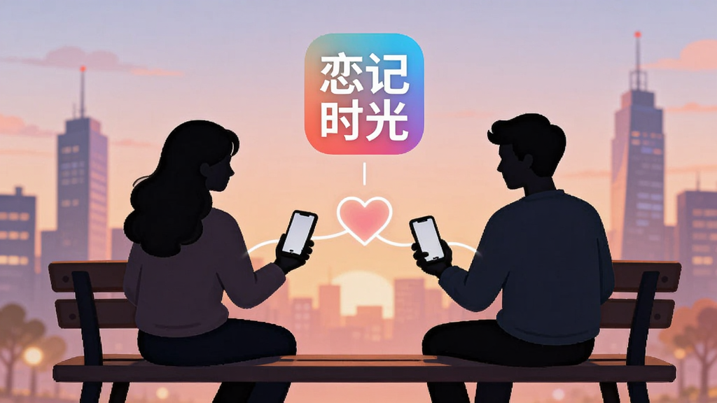 画面展示两个人物剪影坐在长椅上,各自手持手机,手机屏幕之间有一条发光的爱心连线。背景是黄昏的城市天际线,色调柔和浪漫,画面中央上方浮现恋记时光应用图标。风格为扁平插画,细节干净,画质清晰,无多余元素。