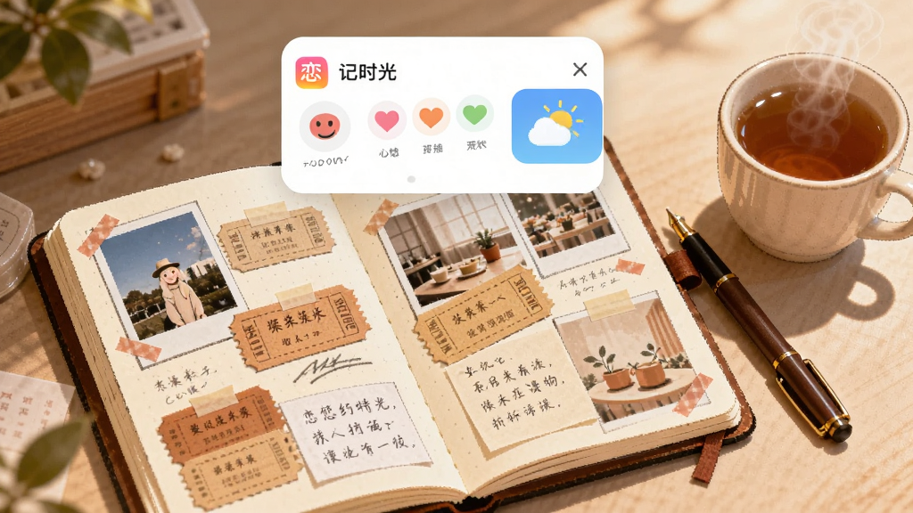 画面展示一个打开的手账本,页面上贴满照片、票根和手写便签,旁边有一支笔和一杯热茶。手账本上方悬浮着恋记时光应用的界面元素,如心情图标和天气标识。整体风格温暖手绘感,光线柔和,画质干净,无多余元素。