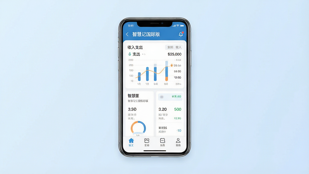 智慧记国际版软件主界面全貌展示,画面中央放置一部智能手机,手机屏幕显示智慧记国际版的记账仪表盘界面,包含收入支出统计图表与功能图标,背景为简洁的浅蓝色渐变商务风格,布局采用中心对称构图,排版清晰有序,风格现代简约,细节上突出屏幕内文字“智慧记国际版”与数据卡片,画质高清,干净无多余元素