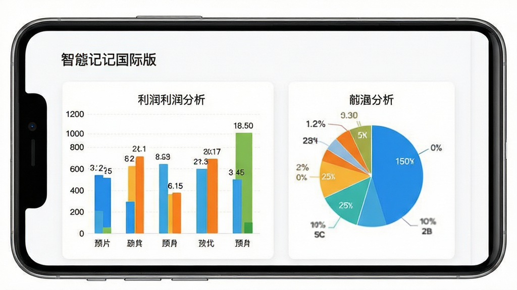 智慧记国际版经营报表界面,画面中一部手机竖屏展示利润分析图表,包含柱状图与饼图,背景为纯净白色,布局采用上下结构排版,风格清新简洁,细节上突出图表颜色与数据标签,画质高清,干净无多余元素