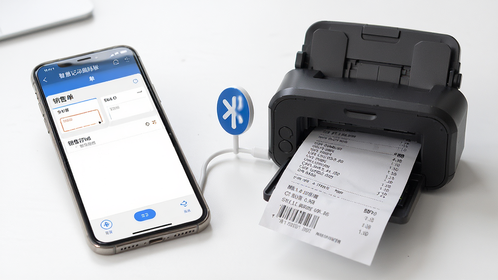 智慧记国际版单据打印功能展示,画面中一部手机通过蓝牙连接一台便携打印机,手机屏幕显示销售单编辑界面,打印机正在输出纸质单据,背景为简洁的白色桌面,布局采用对角线构图,风格真实写实,细节上突出打印动作与单据内容,画质高清,干净无多余元素