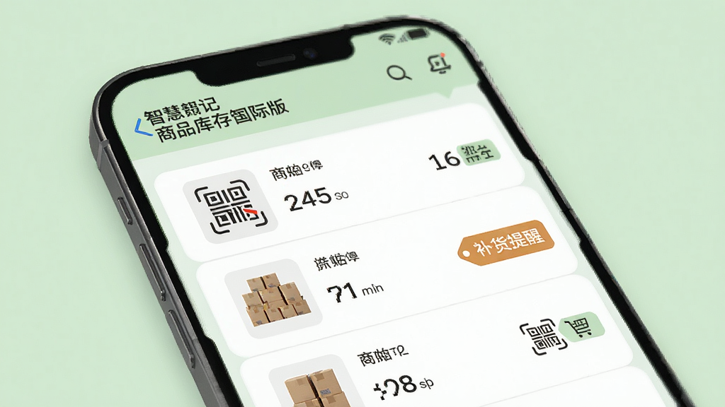 智慧记国际版商品库存管理界面,画面中一部手机展示商品列表与库存数量,屏幕内包含扫码图标与补货提醒标签,背景为浅绿色调,布局采用列表式排版,风格实用简洁,细节上突出商品图片与数字信息,画质高清,干净无多余元素
