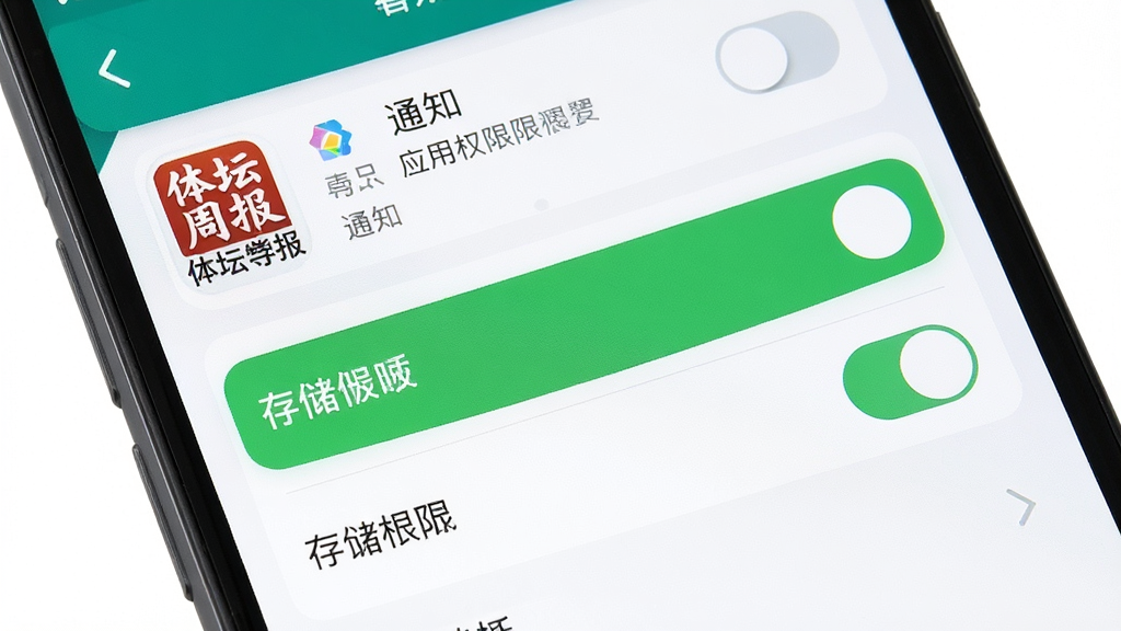 一张展示手机应用权限设置界面的图片,主体为手机屏幕显示通知和存储权限开关,布局为手机界面截图,排版重点突出权限开启按钮,风格为扁平化UI设计,细节包含“体坛周报”应用图标和权限列表,画质高清,干净,无多余元素