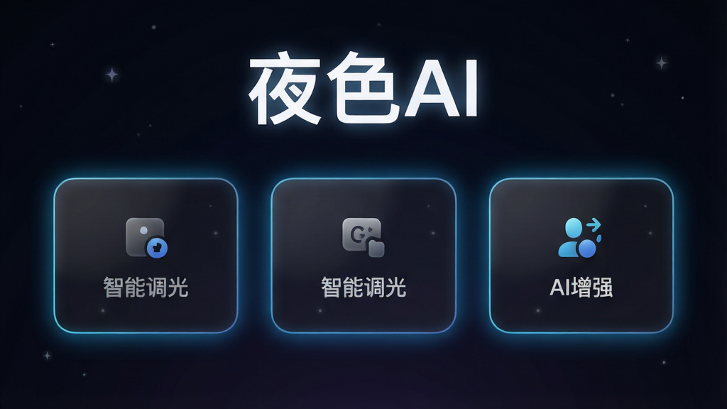 夜色Al软件主界面截图,画面中央是深色渐变背景,顶部显示“夜色Al”白色发光字样,下方排列着暗色主题、智能调光、AI增强三个功能卡片,卡片边缘带有柔和的霓虹蓝光晕,整体布局简洁对称,风格为现代科技暗黑风,细节包含细腻的磨砂玻璃质感与微弱星点装饰,画质高清,干净,无多余元素