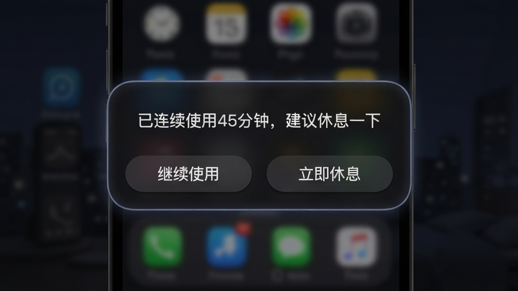 夜色Al护眼定时提醒弹窗界面,画面中央是一个深色圆角弹窗,上面写着“已连续使用45分钟,建议休息一下”,下方有“继续使用”和“立即休息”两个按钮,背景是模糊的暗色手机桌面,布局居中,风格为柔和暗色UI,细节包含微光边缘与轻量阴影,画质高清,干净,无多余元素