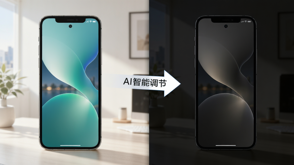 夜色Al智能调光功能演示图,画面左侧是手机在明亮环境下的普通显示效果,右侧是同一手机在暗光环境下开启夜色Al后的柔和暗色显示效果,中间用箭头连接并标注“AI智能调节”,布局左右对比,风格为写实科技风,细节包含环境光线渐变与屏幕色温变化,画质高清,干净,无多余元素