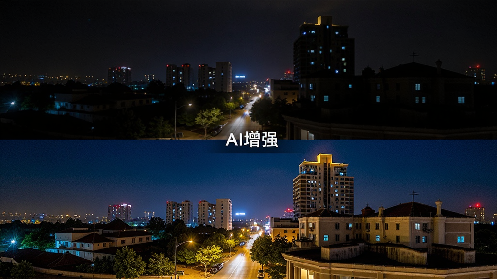 夜色Al AI图像增强效果对比图,画面分为上下两部分,上方是原始夜景照片,噪点多且昏暗,下方是经过夜色Al处理后的照片,画面明亮清晰、色彩饱满,中间标注“AI增强”,布局上下对比,风格为写实摄影风,细节包含城市夜景灯光与建筑轮廓,画质高清,干净,无多余元素