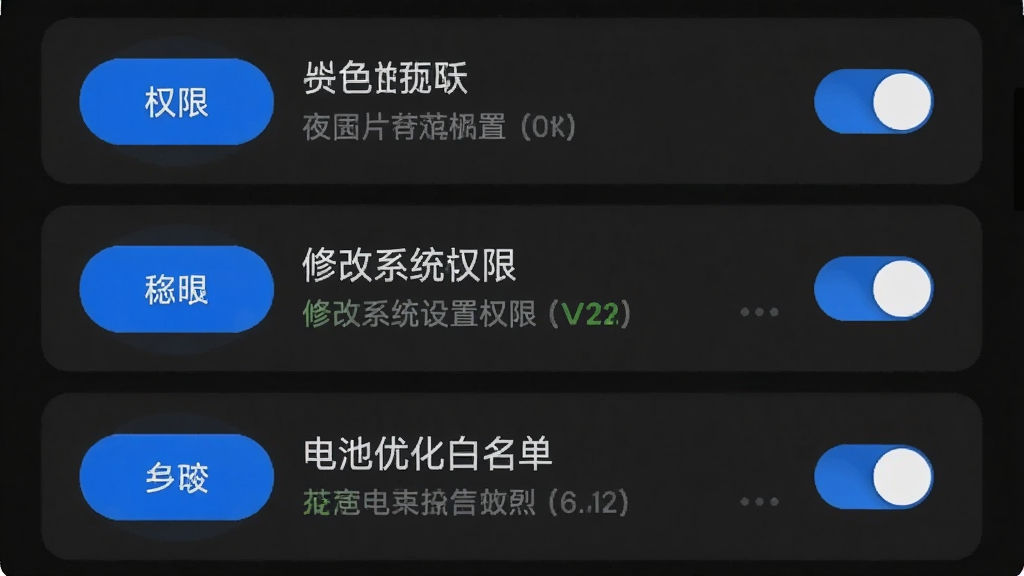 夜色Al新手设置引导界面截图,画面展示手机屏幕上依次排列着悬浮窗权限、修改系统设置权限、电池优化白名单三个设置项,每项旁边有开关按钮和状态提示,整体布局为垂直列表,风格为简洁暗色引导页,细节包含蓝色高亮按钮与灰色说明文字,画质高清,干净,无多余元素