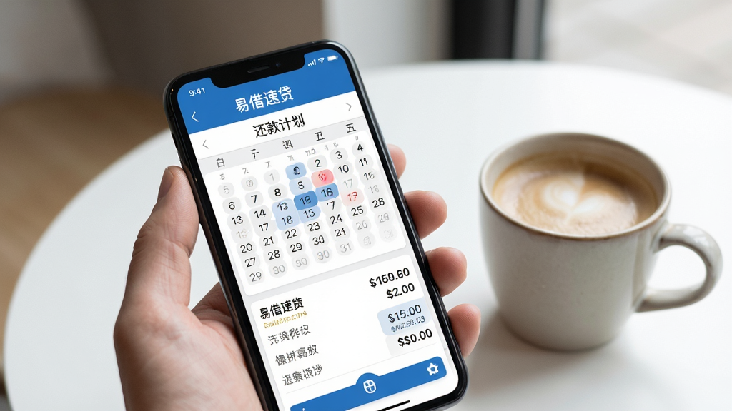 手机屏幕展示易借速贷的还款计划页面,上面有日历标记和金额明细,旁边放着一杯咖啡,背景简洁,风格清新,细节清晰,画质优良,无多余元素