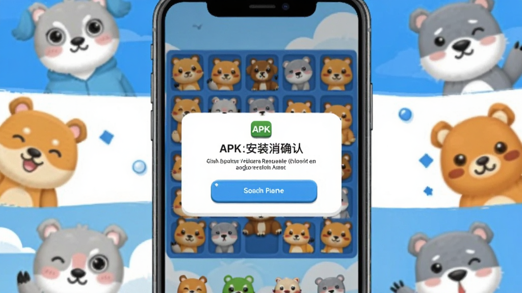 一幅以“动物消消乐”手机安装界面为主题的插画,画面展示一部智能手机屏幕,屏幕上是APK安装确认弹窗,背景有卡通动物元素点缀,整体风格简洁明快,配色以蓝色和白色为主,布局居中,画质干净,无多余元素