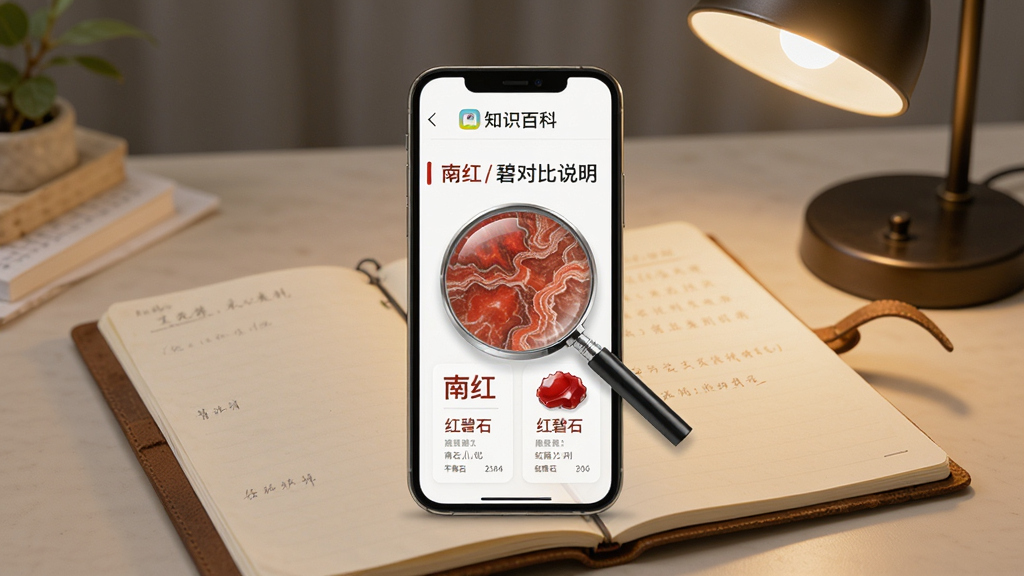 文玩鉴定App知识百科页面,手机屏幕显示南红与红碧石对比说明,配有放大镜观察纹理的插图,手机放在一本翻开的笔记本旁,桌面整洁,暖色台灯照明,构图平稳,写实风格,画面干净,画质细腻
