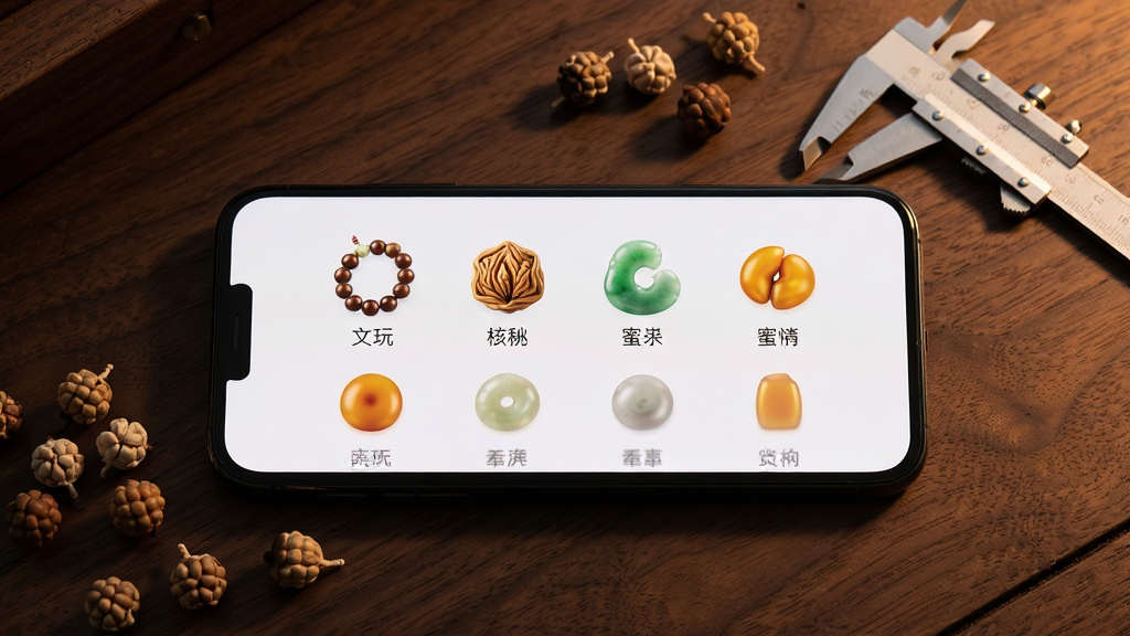 一部智能手机屏幕中央显示文玩鉴定App主界面,界面内有手串、核桃、玉石、蜜蜡等分类图标,手机平放在深色木质桌面上,旁边散落几颗菩提子和一把小卡尺,暖色调侧光,构图居中,写实摄影风格,细节清晰,画面干净,画质细腻,无多余元素