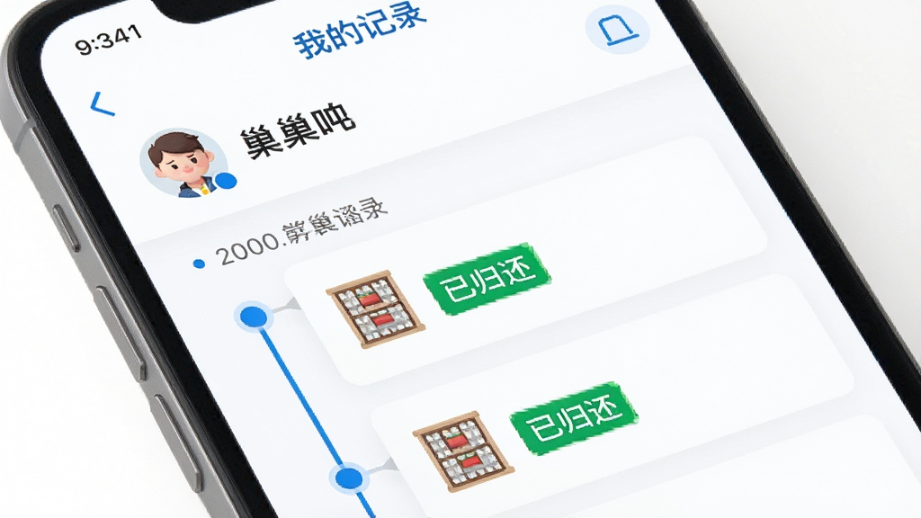 手机屏幕展示工巢APP“我的记录”页面,顶部显示用户头像与姓名,下方为存取记录时间轴,每条记录带柜格图标与绿色“已归还”标签,整体界面清爽,白色背景,蓝色点缀,画质干净,无多余元素