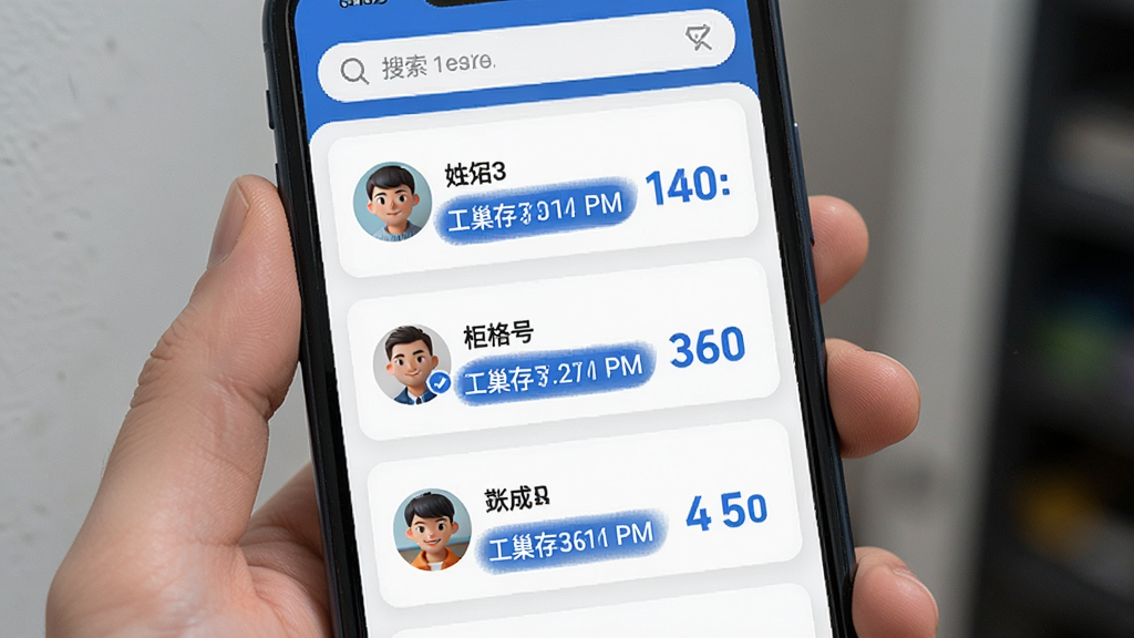手机屏幕展示工巢存取记录列表,每条记录包含头像、姓名、时间、柜格号等字段,背景为白色卡片式布局,顶部搜索栏,整体清爽易读,蓝色高亮关键信息,干净画质,无杂乱元素