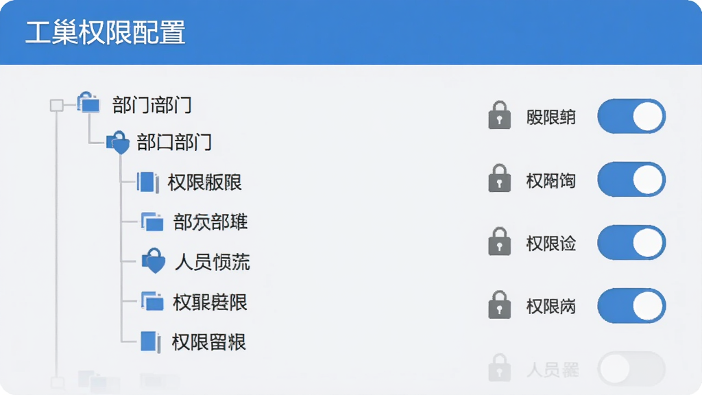 画面中央展示工巢权限配置界面,以树状结构呈现部门与人员层级,旁边配有锁形图标与权限开关按钮,配色以蓝色和浅灰为主,整体布局清晰有序,商务简洁风格,画质干净,无多余元素