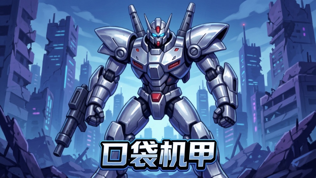 一张手机游戏《口袋机甲》的启动界面截图,画面中央是巨大的银色机甲战士,背景是未来城市废墟,屏幕下方有“口袋机甲”游戏Logo,整体风格为二次元科幻风,色彩以蓝紫色为主调,画面干净清晰,分辨率高,无多余元素。