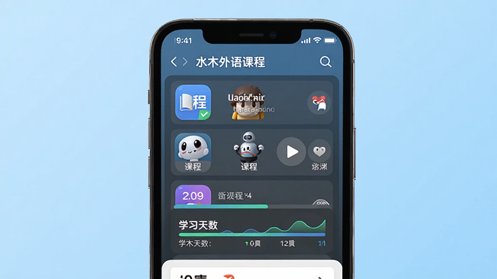 水木外语APP主界面展示,画面中央放置一部智能手机,屏幕显示多语种课程列表与学习进度条,背景为清新浅蓝色渐变,风格简洁现代,细节包括课程图标、播放按钮、学习天数统计,画质清晰,干净,无多余元素