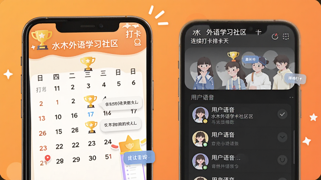 水木外语学习社区与打卡界面,画面中手机屏幕显示打卡日历、排行榜和用户语音动态列表,背景为暖橙色渐变,风格活泼社交化,细节包括奖杯图标、连续打卡天数、评论气泡,画质清晰,干净,无多余元素