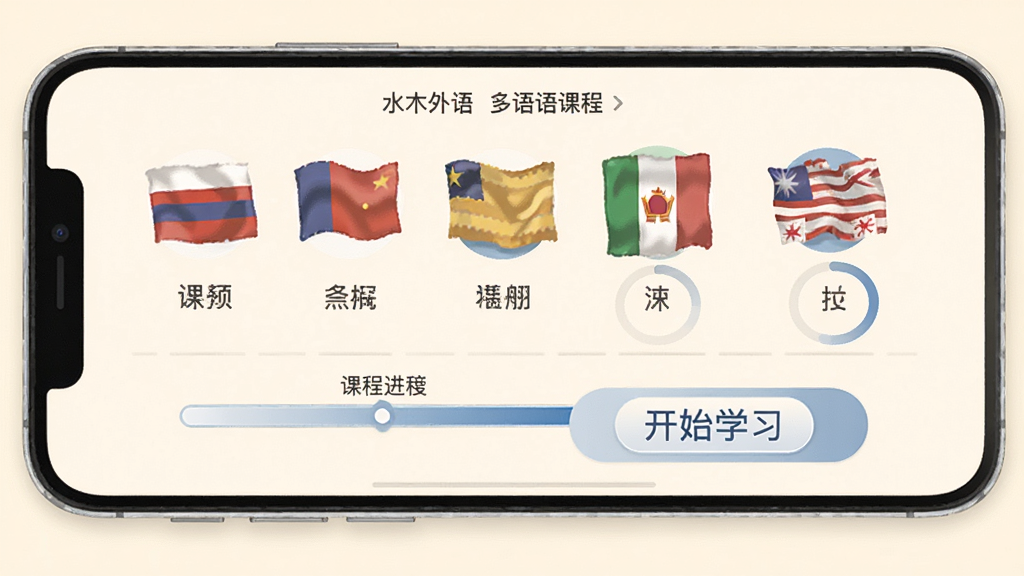 水木外语多语种课程界面,画面展示手机屏幕内排列着不同国家的国旗图标与对应语言名称,下方有课程进度条和开始学习按钮,背景为柔和米白色,风格清新扁平化,细节包括国旗、文字标签、进度环,画质清晰,干净,无多余元素
