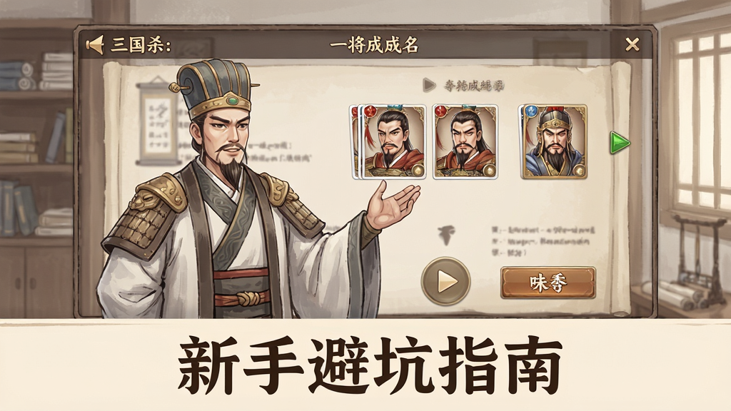 一幅展示三国杀:一将成名新手引导界面的插画,画面中一位古代军师角色正在向玩家讲解游戏规则,旁边有卡牌、武将头像和操作按钮的示意,背景为简洁的古风书房,画面下方有“新手避坑指南”的文字标题,风格为游戏教程界面插画,清晰明了,色彩柔和,画质高清,干净整洁