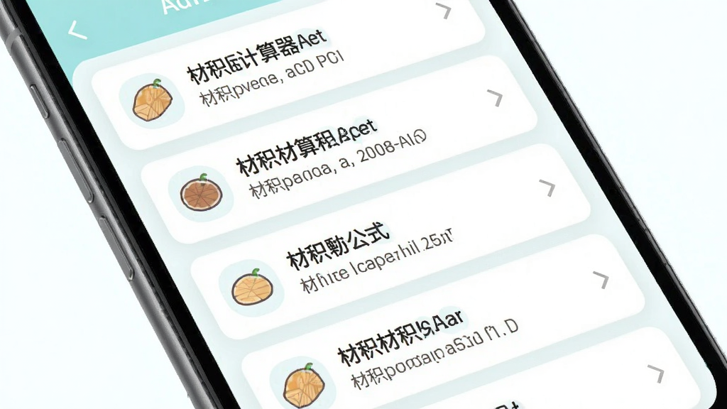 材积计算器多公式选择界面,主体为手机应用界面展示多种材积计算公式选项,布局为垂直列表式排列,排版清晰,风格为清新浅色系,细节上每个公式选项配有小图标和说明文字,画质清晰,干净,无多余元素