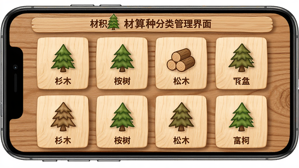 材积计算器材种分类管理界面,主体为手机屏幕展示杉木、桉树、松木等木材种类图标列表,布局为网格状排列,排版整齐,风格为木质自然色调,细节上每个材种配有对应的树木图标和名称,画质清晰,干净,无多余元素