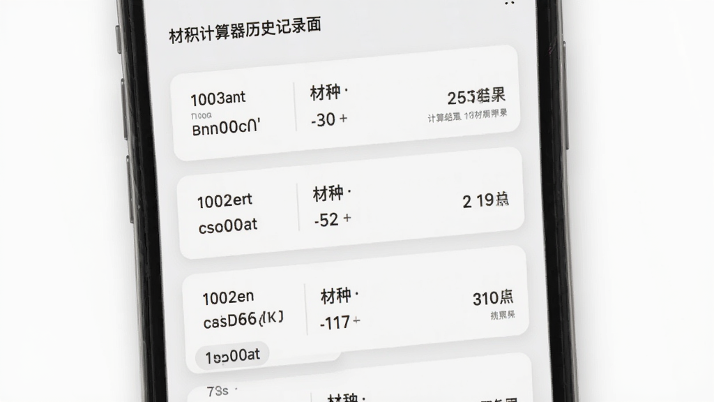 材积计算器历史记录页面,主体为手机屏幕展示计算历史列表,布局为时间倒序排列的卡片式列表,排版清晰,风格为素雅极简,细节上每条记录显示材种、规格和计算结果,画质清晰,干净,无多余元素