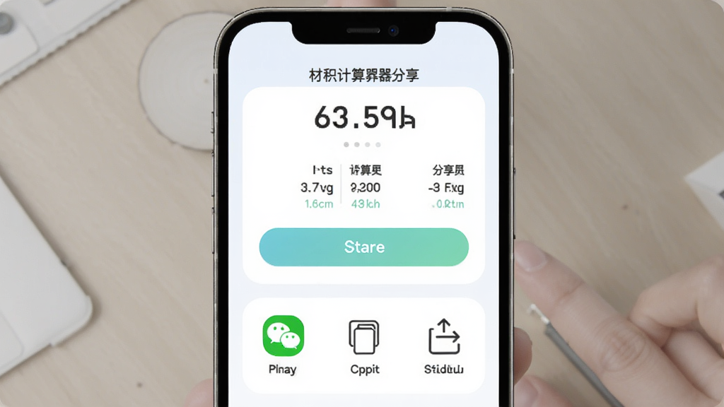 材积计算器分享导出功能界面,主体为手机屏幕展示计算结果和分享按钮,布局为上下结构上方显示计算结果下方为分享导出选项,排版简洁,风格为柔和圆角设计,细节上包含微信、复制、导出等图标,画质清晰,干净,无多余元素