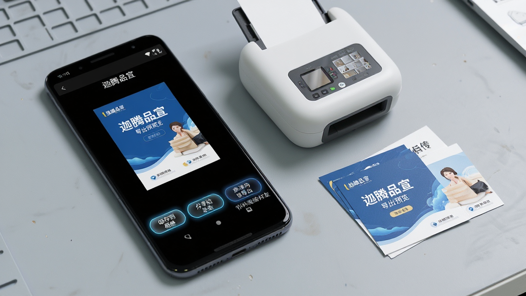 一部安卓手机屏幕显示“迦腾品宣”导出预览界面,画面中央是一张已完成的企业宣传海报,底部排列着“保存到相册”“分享给好友”“高清导出”等按钮,手机旁边放着一台小型照片打印机与几张打印出来的宣传卡片,背景为浅灰色工作台,布局为斜角展示,风格为产品功能演示图,细节上按钮带有微光效果,画质高清,干净,无多余元素
