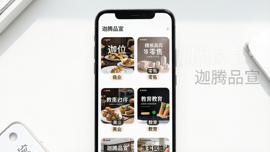 一部安卓手机屏幕显示“迦腾品宣”模板库页面,页面中整齐排列着餐饮、零售、美业、教育等不同行业的宣传模板缩略图,每张缩略图带有行业标签,手机右侧悬浮着“迦腾品宣”软件名称的浅色水印,背景为干净的纯白桌面,布局为居中展示,风格为明亮清新的应用商店展示图,细节上模板缩略图边缘圆润,画质高清,干净,无多余元素