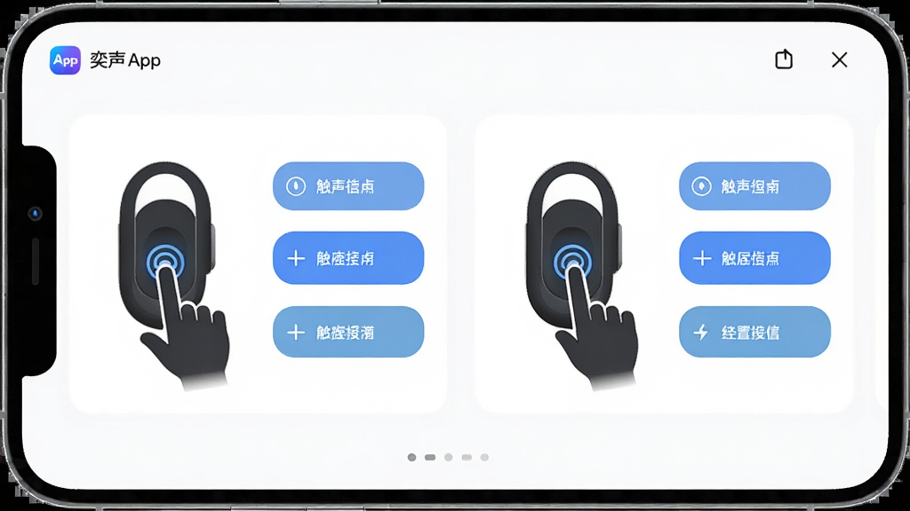 画面主体为奕声App的触控设置页面,页面中展示着左右耳机的触控手势示意图,每个手势旁边有对应的功能选项,布局为左右对称,风格为简洁明快的卡片式设计,细节上突出手指点击耳机的动作图标,画质高清,干净无多余元素
