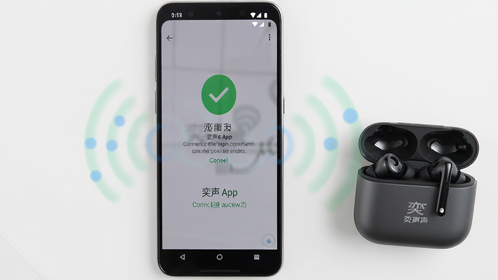 画面主体为一部安卓手机显示奕声App的连接成功界面,旁边有一副奕声耳机和充电仓,手机屏幕上有绿色的对勾图标和连接成功字样,布局为手机居中、耳机在侧,风格为生活化产品展示,细节上突出手机与耳机的无线连接波纹,画质高清,干净无多余元素