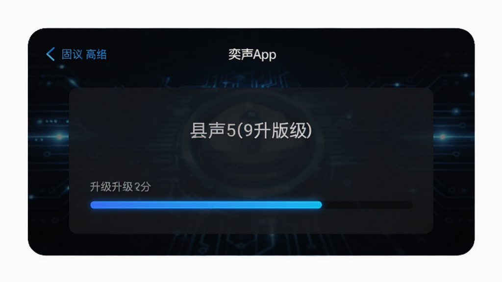 画面主体为奕声App的固件升级界面,界面中显示着耳机固件版本号和升级进度条,背景有微弱的科技光效,布局为上下结构,风格为科技感深色主题,细节上进度条用蓝色高亮显示,画质高清,干净无多余元素