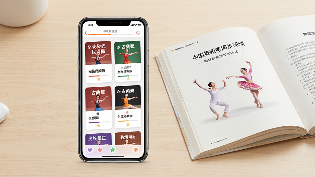 中国舞蹈考级APP内页展示考级教材同步界面,画面主体为手机屏幕中显示多个级别卡片,每个卡片上印有民族民间舞、古典舞等组合名称,屏幕旁边放置一本翻开的舞蹈考级教材,背景为浅色书桌,布局采用中心构图,风格为写实产品展示图,细节包括手机界面中的进度条和收藏图标,画质清晰,干净,无多余元素
