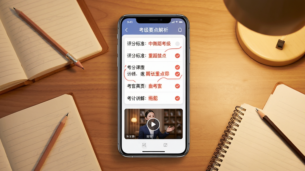 中国舞蹈考级APP考级要点解析页面,画面中央为手机屏幕显示评分标准列表和考官讲解短视频缩略图,屏幕周围散落着笔记本和铅笔,背景为暖色调书房,布局为斜角俯视构图,风格为教育类应用场景图,细节包括屏幕上的红色重点标注和勾选图标,画质细腻,干净,无多余元素