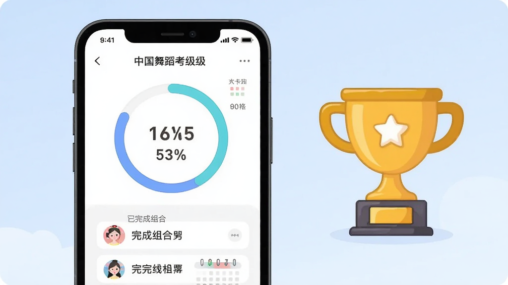 中国舞蹈考级APP学习进度追踪界面,画面主体为手机屏幕显示圆形进度环和已完成组合列表,屏幕旁边有一个卡通风格的奖杯图标,背景为淡蓝色渐变,布局为居中对称构图,风格为扁平化UI展示图,细节包括进度百分比数字和打卡日历,画质清晰,干净,无多余元素