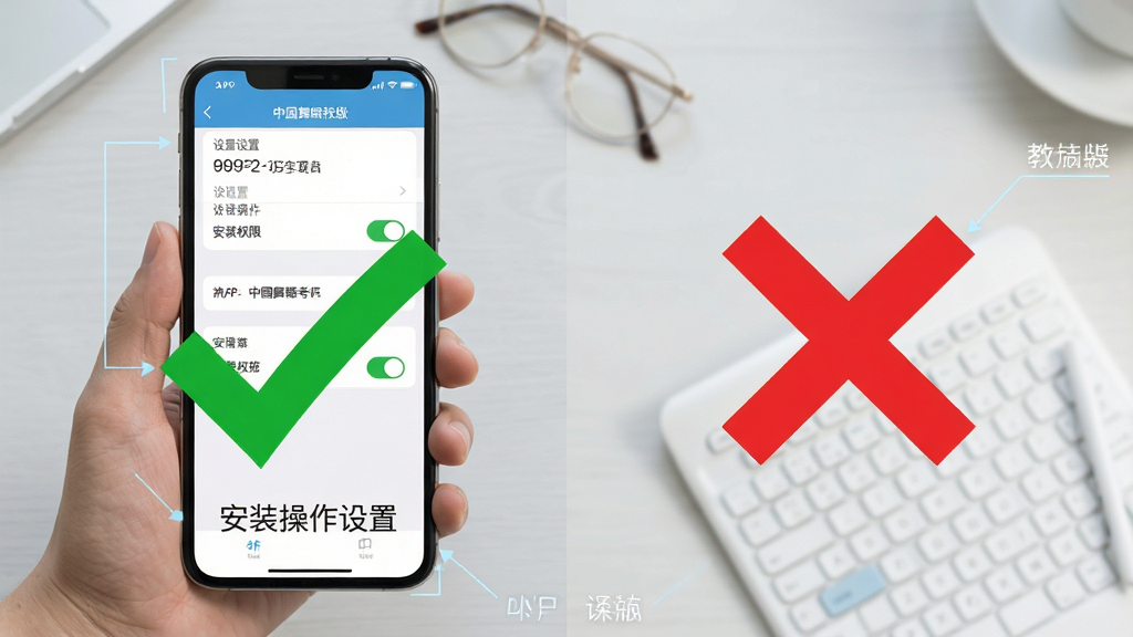 中国舞蹈考级APP新手操作指引图,画面中一只手拿着手机展示APP安装权限设置界面,屏幕旁边有醒目的对勾和叉号图标对比,背景为浅灰色桌面,布局为左右对比构图,风格为教程类信息图,细节包括设置菜单中的开关按钮和文字标注,画质清晰,干净,无多余元素