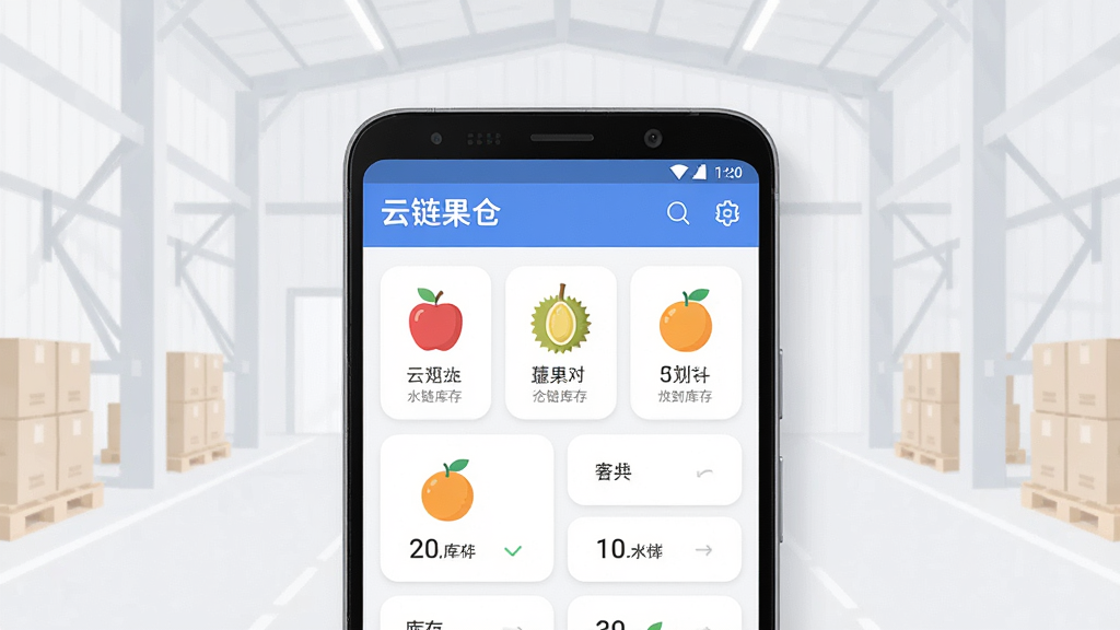 一款名为“云链果仓”的手机应用界面展示图,画面中央放置一台安卓手机,屏幕内显示水果仓储管理看板,包含苹果、榴莲、橙子等图标与库存数字,背景为干净浅色仓库场景,布局采用居中构图,风格为现代扁平化UI展示,细节包含柔和阴影与圆角卡片,画质清晰,干净,无多余元素