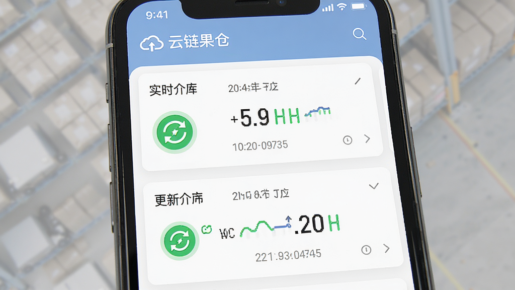 一张展示“云链果仓”多仓库存同步功能的界面截图,画面主体为手机屏幕,屏幕内呈现三个仓库卡片与实时更新的数字,布局为上下排列,风格简洁商务,细节包含绿色同步图标与时间戳,画质清晰,干净,无多余元素