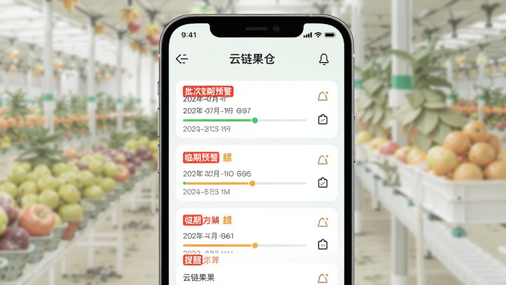 一张展示“云链果仓”批次效期管理功能的手机界面图,画面中手机屏幕显示水果批次列表与红色临期预警标签,布局为纵向列表,风格清新浅色,细节包含日期进度条与提醒图标,画质清晰,干净,无多余元素