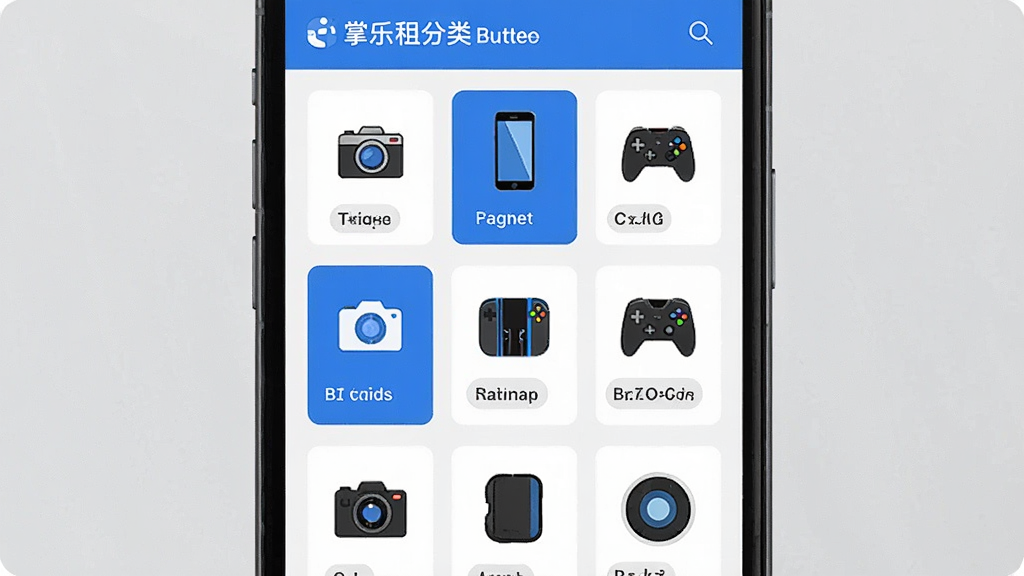 一张展示掌乐租商品分类页面的手机界面图,画面中手机屏幕显示多个商品分类图标和商品列表,包含相机、手机、游戏机等图标,配色以白色和蓝色为主,布局整齐,风格现代简约,画质清晰,无多余元素