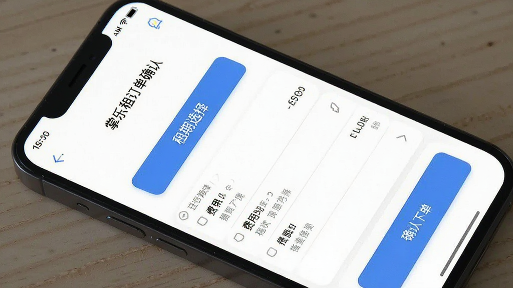 一张展示掌乐租订单确认页面的手机截图,屏幕中显示租期选择按钮、费用明细列表和确认下单按钮,界面风格清爽,文字清晰可读,背景为纯白色,画质干净,无多余元素