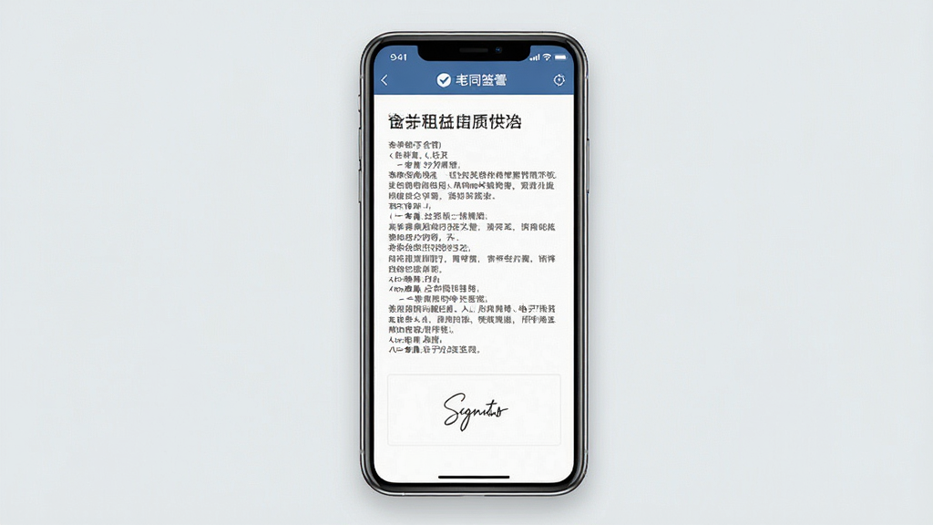 一张展示掌乐租电子合同签署界面的手机样机图,屏幕内显示合同条款摘要和签名区域,背景为淡灰色,风格商务简洁,细节清晰,画质干净,无多余元素