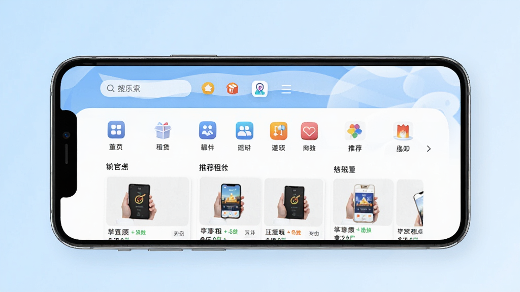 一张展示掌乐租软件主界面的手机样机图,画面中央放置一部现代智能手机,屏幕内显示掌乐租APP的首页布局,包含搜索栏、分类图标和推荐租赁商品卡片,背景为浅蓝色渐变,风格简洁清新,细节清晰,画质干净,无多余元素