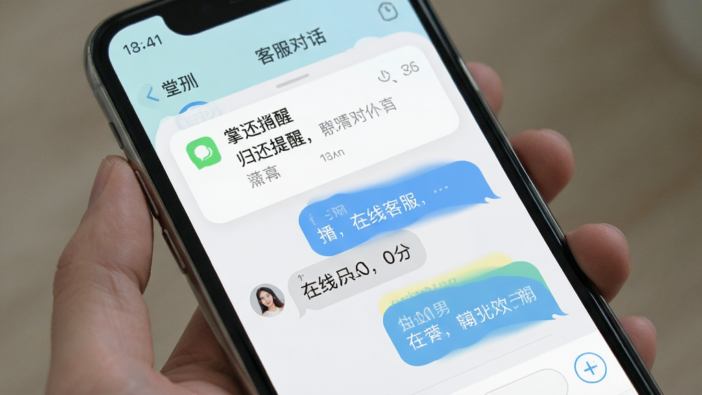 一张展示掌乐租消息提醒与客服对话界面的手机截图,屏幕中显示归还提醒通知和在线客服聊天窗口,界面配色柔和,布局清晰,画质干净,无多余元素