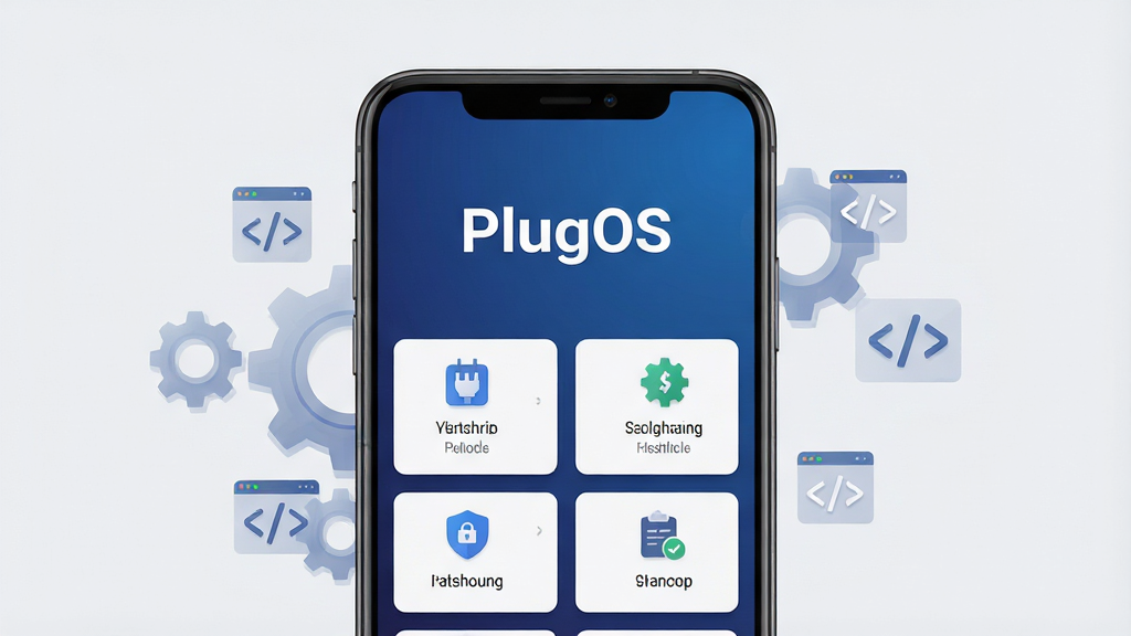 一幅展示PlugOS安卓应用主界面的概念图,画面中央是一部智能手机,屏幕显示PlugOS应用界面,界面采用深蓝色渐变背景,上方有白色PlugOS文字标志,下方排列着多个功能模块图标,包括插件管理、系统优化、权限设置等,手机周围漂浮着半透明的齿轮和代码符号,背景为干净的浅灰色,风格为现代科技感扁平化设计,细节包括界面按钮有轻微光影效果,画质清晰锐利,干净无多余元素