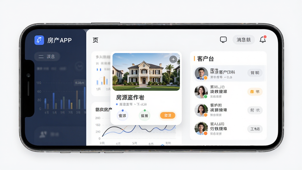 一张展示七扇门APP主界面的图片,主体为手机屏幕中的房产经纪人工作台,布局中央突出房源卡片与客户列表,排版整齐,风格为现代简约科技风,细节包含数据图表与消息通知图标,画质清晰干净,无多余元素
