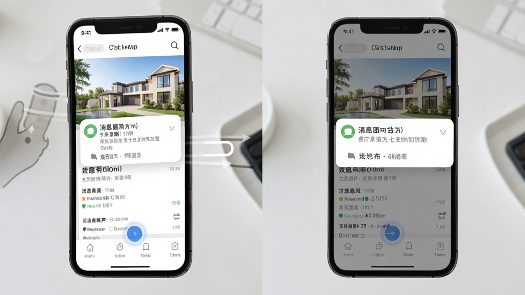 一张展示七扇门APP在手机上运行流畅的图片,主体为手机屏幕显示房源详情页与消息通知弹窗,布局清晰,排版舒适,风格为现代移动办公,细节包含滑动操作手势与加载动画,画质清晰干净,无多余元素