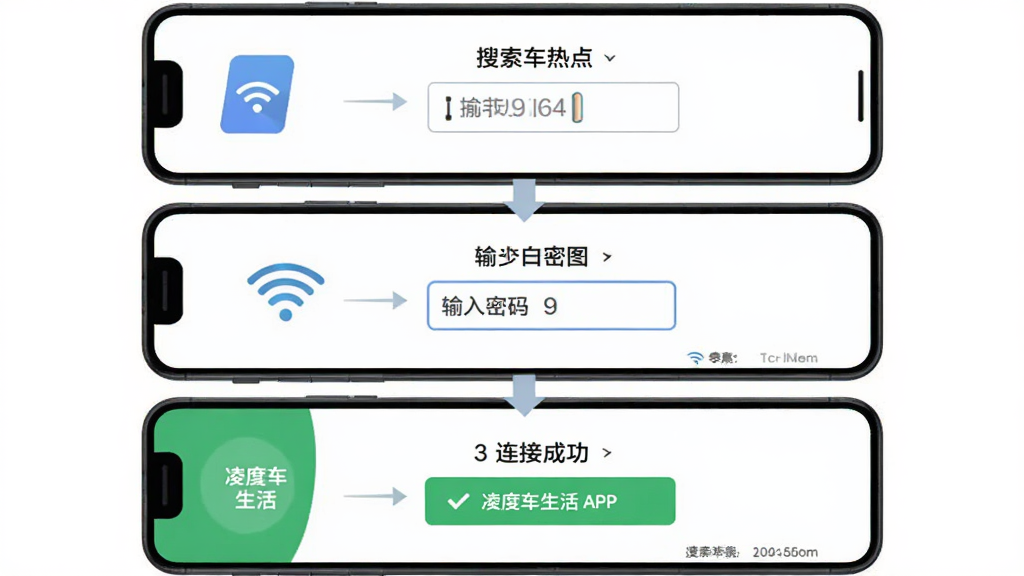 ��������ȳ�����APP���Ӽ�¼�ǵĲ�������ͼ������Ϊ�ֻ���Ļ�ֲ�չʾ���Ű���ϵ�������Ϊ�����ȵ㡢�������롢���ӳɹ��������裬���Ϊ��ƽ���̷̳��ϸ�ڰ���Wi-Fiͼ�ꡢ������������ӳɹ���ʾ�����ʸ���ɾ��޶���Ԫ�أ�ͼƬ�����ֱ�ע